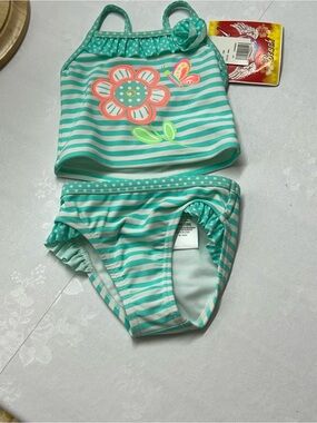 Kids Floral Stripe Tankini Set - Aqua Green